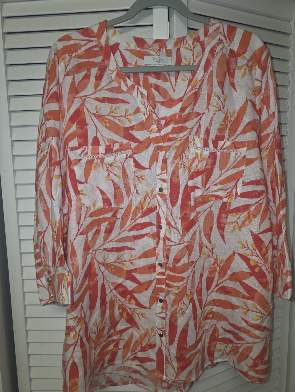 Coral Orange Leaf Print Button-Front Tunic